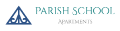 Parish School Apartments logo with a blue triangle.